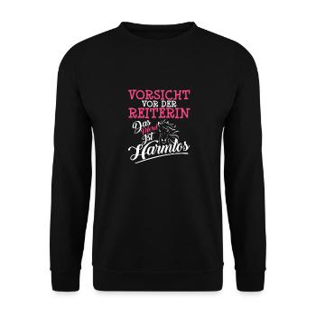 VORSICHT VOR DER REITERIN DAS PFERD IST HARMLOS - Unisex Pullover - Schwarz - Vorne - Alina (178cm) & Michal (187cm)