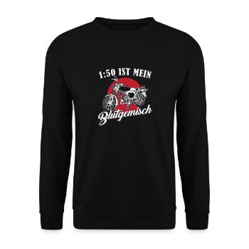 DDR Moped Spruch // 1:50 ist mein Blutgemisch - Unisex Pullover - Schwarz - Vorne - Alina (178cm) & Michal (187cm)