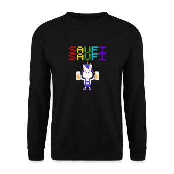 Saufi Saufi Einhorn 8 Bit Pixel Retro Bier Sekt - Unisex Pullover - Schwarz - Vorne - Alina (178cm) & Michal (187cm)