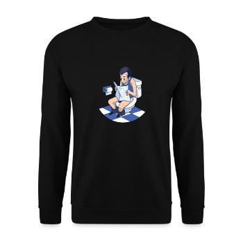Mann liest auf der Toilette Zeitung - Unisex Pullover - Schwarz - Vorne - Alina (178cm) & Michal (187cm)