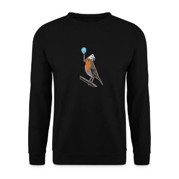 Vogelmotiv Rotkehlchen Vogel feiert Geburtstag - Unisex Pullover - Schwarz - Vorne - Alina (178cm) & Michal (187cm)