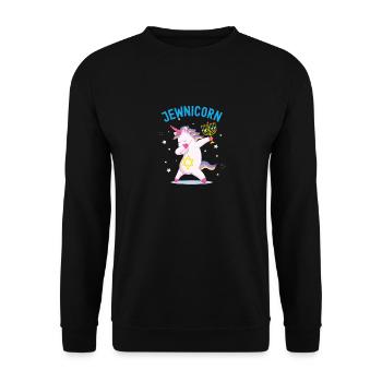 Jewnicorn-Einhorn, lustiges glückliches Chanukka - Unisex Pullover - Schwarz - Vorne - Alina (178cm) & Michal (187cm)