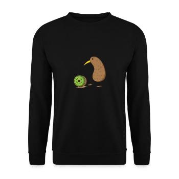 Kiwivogel mit einer aufgeschnittenen Kiwifrucht - Unisex Pullover - Schwarz - Vorne - Alina (178cm) & Michal (187cm)