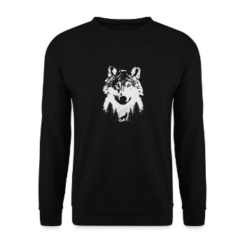 Die künstlerische Naturneuheit des Wolfs im Wald - Unisex Pullover - Schwarz - Vorne - Alina (178cm) & Michal (187cm)