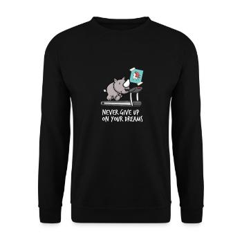 Gib nie deine Träume auf - Nashorn auf Laufband - Unisex Pullover - Schwarz - Vorne - Alina (178cm) & Michal (187cm)