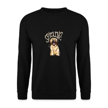 "SPIELEN?" Briard Shirt Vintage Hund Spruch Design - Unisex Pullover - Schwarz - Vorne - Alina (178cm) & Michal (187cm)