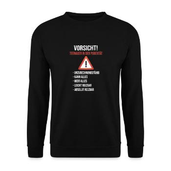 Vorsicht Teenager in der Pubertät Geschenkidee - Unisex Pullover - Schwarz - Vorne - Alina (178cm) & Michal (187cm)