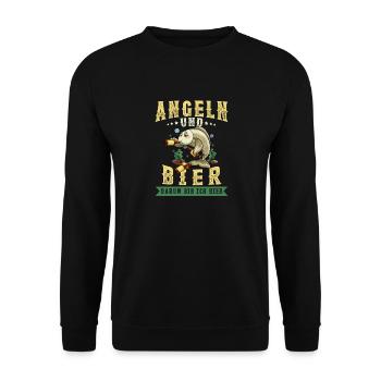 Angeln und Bier darum bin ich hier Angler Spruch - Unisex Pullover - Schwarz - Vorne - Alina (178cm) & Michal (187cm)