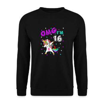 OMG I'm 16 Lustige Einhorn Unicorn Geburtstagsidee - Unisex Pullover - Schwarz - Vorne - Alina (178cm) & Michal (187cm)