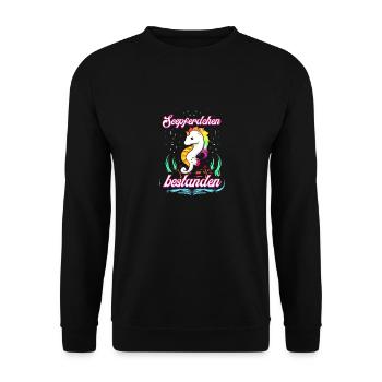 Kinder Seepferdchen Einhorn Frühschwimmer Erfolg - Unisex Pullover - Schwarz - Vorne - Alina (178cm) & Michal (187cm)