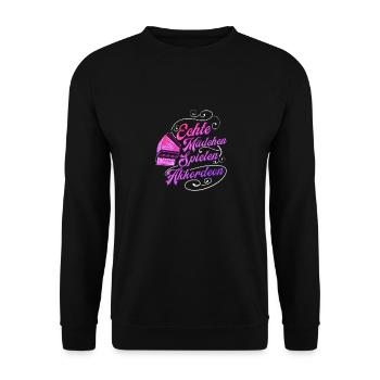 Akkordeon Begleitinstrument Ziehharmonika Spruch - Unisex Pullover - Schwarz - Vorne - Alina (178cm) & Michal (187cm)