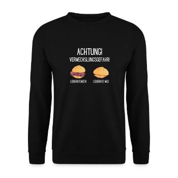 VERWECHSLUNGSGEFAHR LEBERKÄSWECK LEBERKÄS WEG HAHA - Unisex Pullover - Schwarz - Vorne - Alina (178cm) & Michal (187cm)