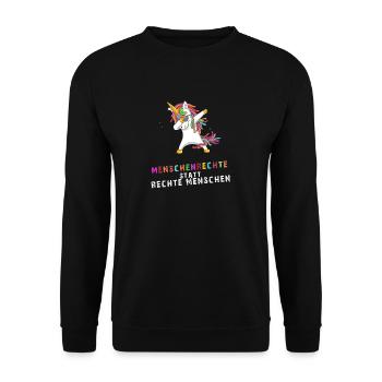 Menschenrechte statt Rechte Menschen - Einhorn - Unisex Pullover - Schwarz - Vorne - Alina (178cm) & Michal (187cm)