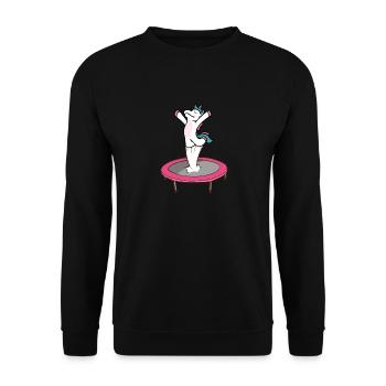 Ein Einhorn springt auf einem Trampolin. - Unisex Pullover - Schwarz - Vorne - Alina (178cm) & Michal (187cm)