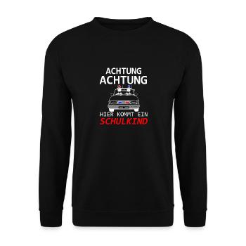 Achtung Schulkind Polizei Schule - Unisex Pullover - Schwarz - Vorne - Alina (178cm) & Michal (187cm)