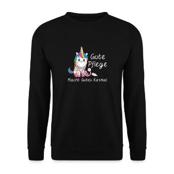 Gute Pflege macht gutes Karma Einhorn Pflegekräfte - Unisex Pullover - Schwarz - Vorne - Alina (178cm) & Michal (187cm)