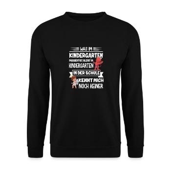 Was Im Kindergarten Passiert Ist Bleibt Im Kinderg - Unisex Pullover - Schwarz - Vorne - Alina (178cm) & Michal (187cm)