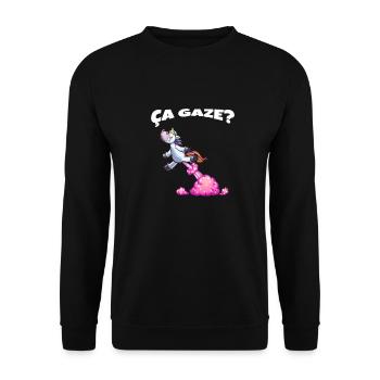 Es Gaze Einhorn, das einen Regenbogen Humor furzt - Unisex Pullover - Schwarz - Vorne - Alina (178cm) & Michal (187cm)