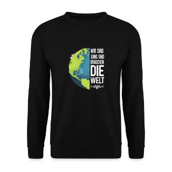 Klima Shirt. Wir sind jung und brauchen die Welt - Unisex Pullover - Schwarz - Vorne - Alina (178cm) & Michal (187cm)