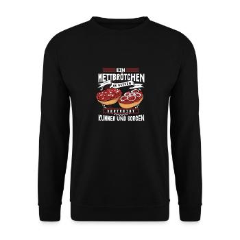 Mett Am Morgen Lustiger Spruch Mettbrötchen - Unisex Pullover - Schwarz - Vorne - Alina (178cm) & Michal (187cm)