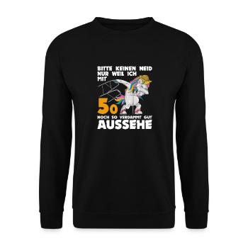 50. Geburtstag 50 Jahre Einhorn mit Rollator Stock - Unisex Pullover - Schwarz - Vorne - Alina (178cm) & Michal (187cm)