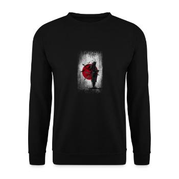 Samurai vor Japan Flagge Raben und Vögel, Schwert - Unisex Pullover - Schwarz - Vorne - Alina (178cm) & Michal (187cm)