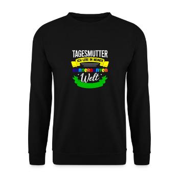 Tagesmutter Geschenk Kunterbunte Welt Tagesmutti - Unisex Pullover - Schwarz - Vorne - Alina (178cm) & Michal (187cm)