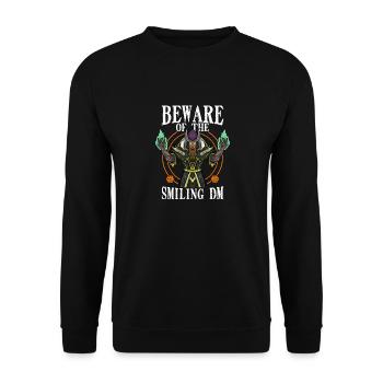 Beware Of The Smiling DM Funny RPG Gift TTRPG Role - Unisex Sweatshirt - black - Front - Alina (178cm) & Michal (187cm)