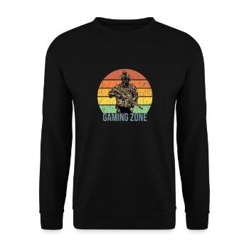Lustiger Spruch Gaming Zone Bereich - Unisex Pullover - Schwarz - Vorne - Alina (178cm) & Michal (187cm)