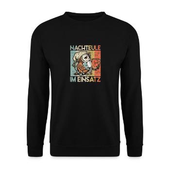 Nachteule im Einsatz Eule Müde Krankenschwester - Unisex Pullover - Schwarz - Vorne - Alina (178cm) & Michal (187cm)