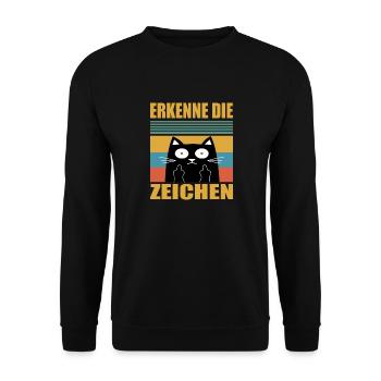 ERKENNE DIE ZEICHEN Mittelfinger Katzen Geschenk - Unisex Pullover - Schwarz - Vorne - Alina (178cm) & Michal (187cm)