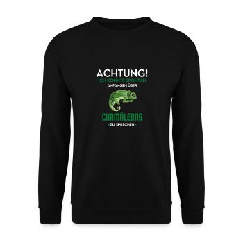 Achtung! Chamäleon Tiere Hobby Interesse Reptilien - Unisex Pullover - Schwarz - Vorne - Alina (178cm) & Michal (187cm)