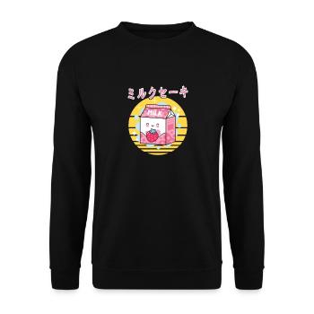 Retro Japanese Milkshake Cartoon Strawberry Milk - Unisex Pullover - Schwarz - Vorne - Alina (178cm) & Michal (187cm)