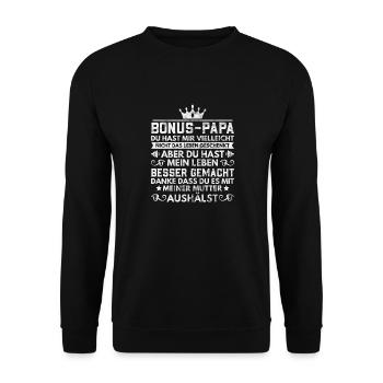 Bonus Papa Bonuspapa Stiefpapa Spruch Geschenk - Unisex Pullover - Schwarz - Vorne - Alina (178cm) & Michal (187cm)