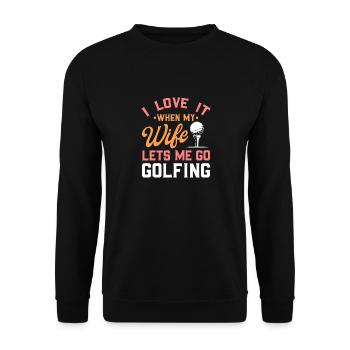 „I Love My Wife“ -Geschenk für einen Golfer - Unisex Pullover - Schwarz - Vorne - Alina (178cm) & Michal (187cm)