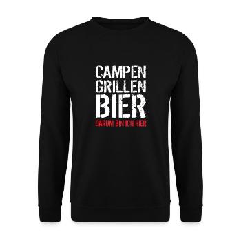 Campen Grillen Bier darum bin ich hier - Geschenk - Unisex Pullover - Schwarz - Vorne - Alina (178cm) & Michal (187cm)