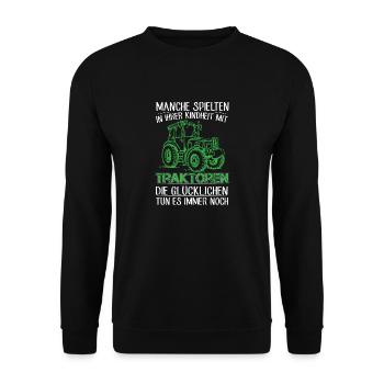 Manche spielten in ihrer Kindheit mit Traktoren - Unisex Pullover - Schwarz - Vorne - Alina (178cm) & Michal (187cm)