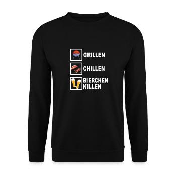 Grillen chillen Bierchen killen - Unisex Pullover - Schwarz - Vorne - Alina (178cm) & Michal (187cm)
