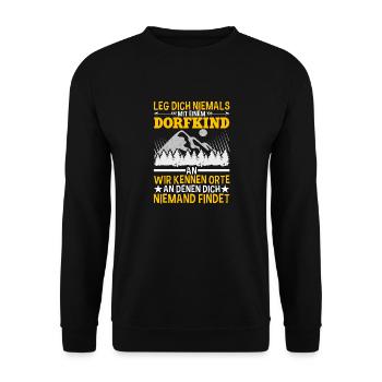 Leg Dich Nicht Mit Einem Dorfkind An Landei Spruch - Unisex Pullover - Schwarz - Vorne - Alina (178cm) & Michal (187cm)
