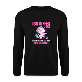 18 bitte helfen Sie mir über Straße 18. Geburtstag - Unisex Pullover - Schwarz - Vorne - Alina (178cm) & Michal (187cm)