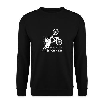 Holla die bikefee mit dem Mountainbike - Unisex Pullover - Schwarz - Vorne - Alina (178cm) & Michal (187cm)