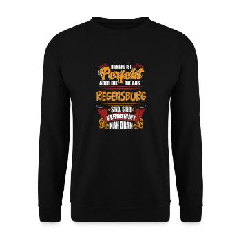 Regensburg Stadt Niemand ist Perfekt Regensburger - Unisex Pullover - Schwarz - Vorne - Alina (178cm) & Michal (187cm)