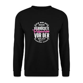 Ich bin die verrückte Friseurin vor der gewarnt - Unisex Pullover - Schwarz - Vorne - Alina (178cm) & Michal (187cm)