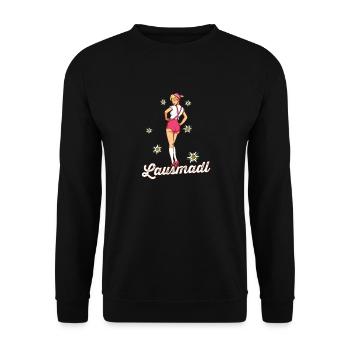 Lausmadl Dirndl Bayern Spruch Kostüm - Unisex Pullover - Schwarz - Vorne - Alina (178cm) & Michal (187cm)