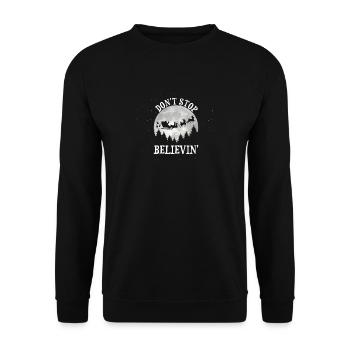 Don't Stop Believing Weihnachtsmann Rentier Mond - Unisex Pullover - Schwarz - Vorne - Alina (178cm) & Michal (187cm)