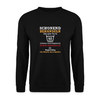 50. Geburtstag Schonend Behandeln Lustig 50 Jahre - Unisex Pullover - Schwarz - Vorne - Alina (178cm) & Michal (187cm)