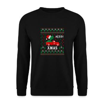 Dinosaurier reiten LKW hässlichen Weihnachtspullover - Unisex Pullover - Schwarz - Vorne - Alina (178cm) & Michal (187cm)