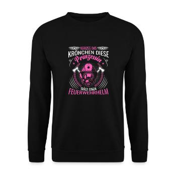 Feuerwehrfrau Prinzessin trägt einen Feuerwehrhelm - Unisex Pullover - Schwarz - Vorne - Alina (178cm) & Michal (187cm)