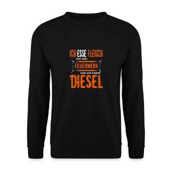 Stolzer Dieselfahrer und Fleischesser Spruch - Unisex Pullover - Schwarz - Vorne - Alina (178cm) & Michal (187cm)