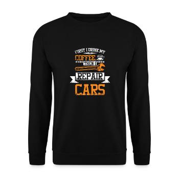 D’abord du café puis réparer des voitures - Sweat-shirt Unisexe - noir - Devant - Alina (178cm) & Michal (187cm)